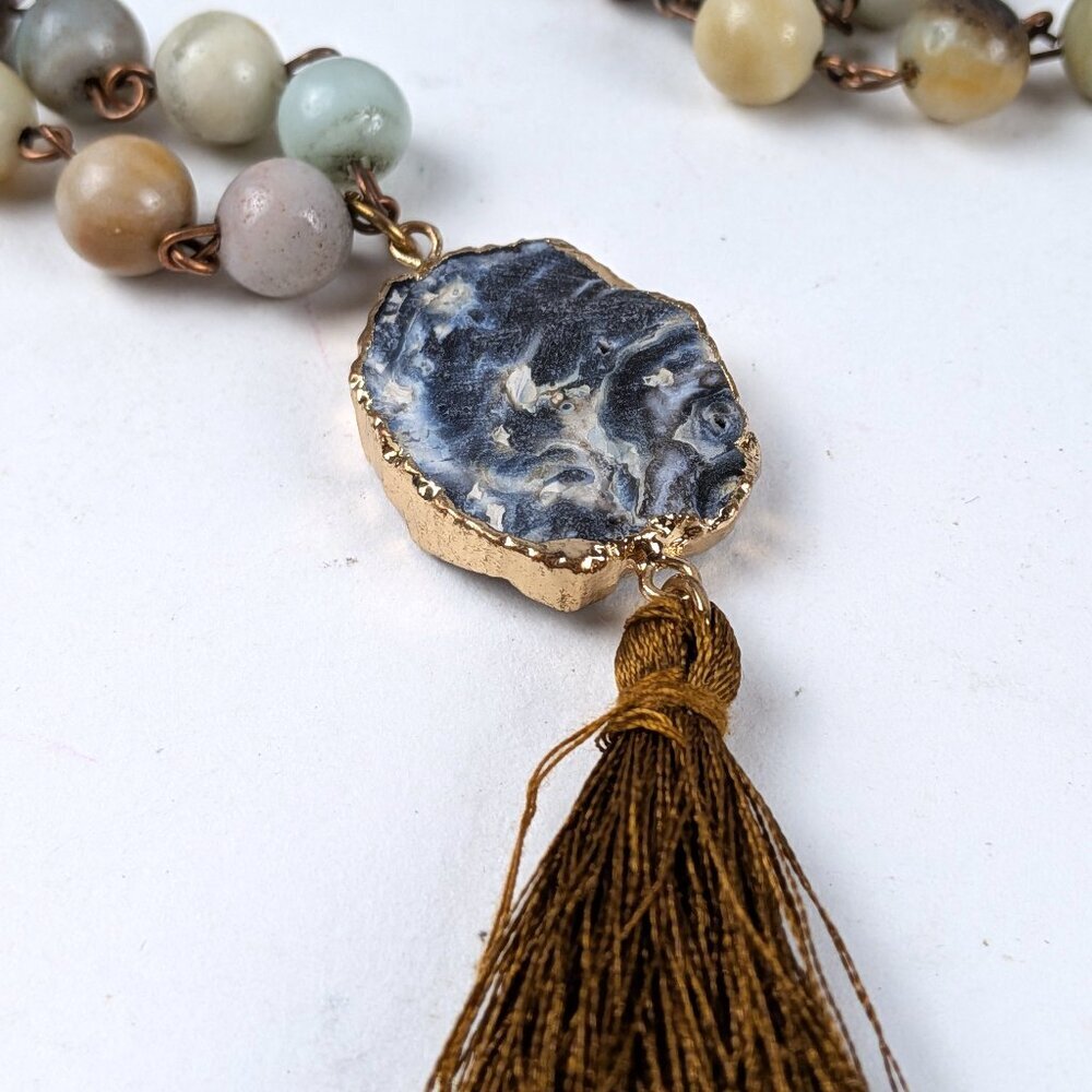 Long Beaded Natural Stone Gold Tassel Necklace - Picture 3 of 7